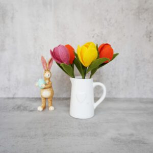 Easter Hamper felt flower Tulip bouquet with ceramic jar and a standing bunny - 1