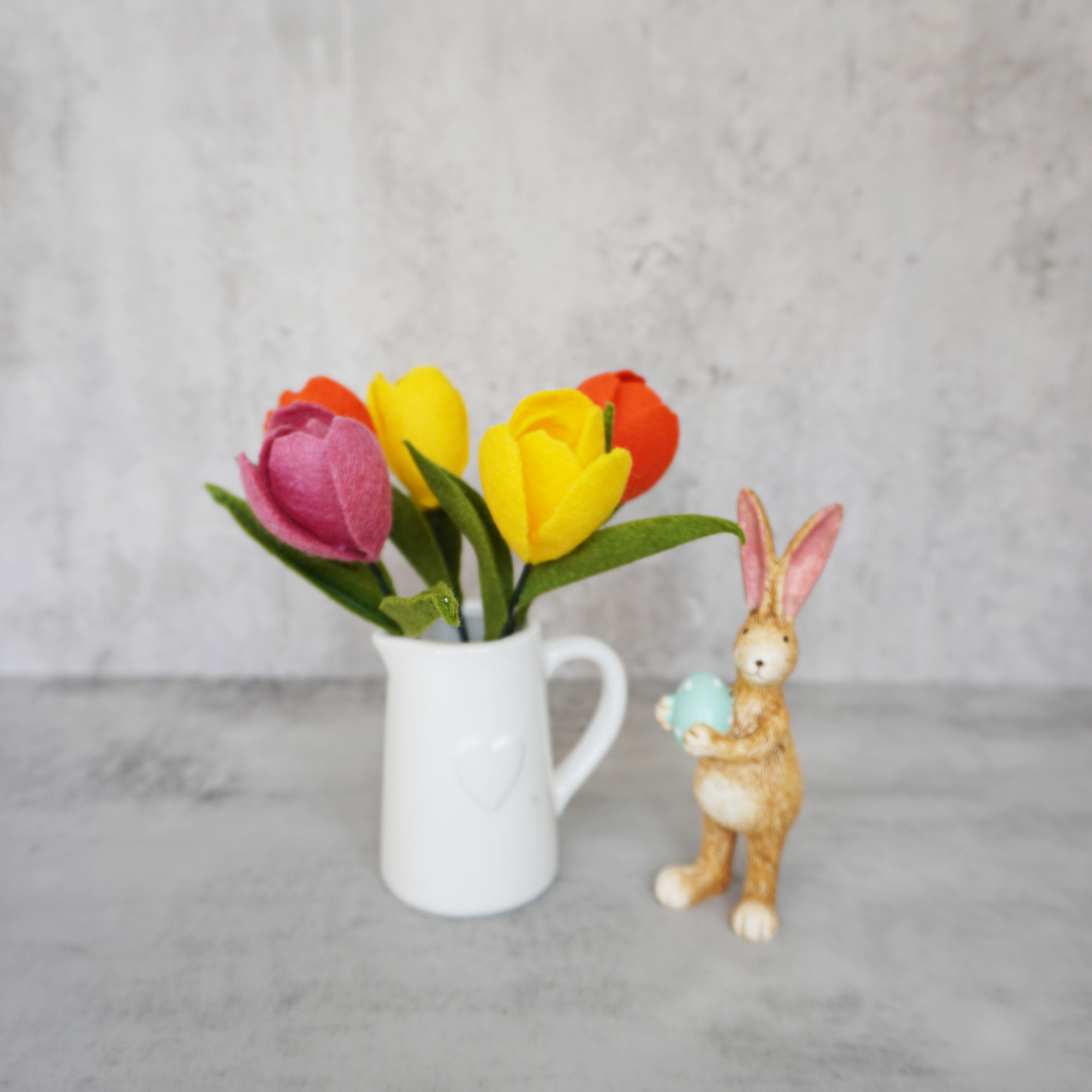 Easter Hamper felt flower Tulip bouquet with ceramic jar and a standing bunny - 2