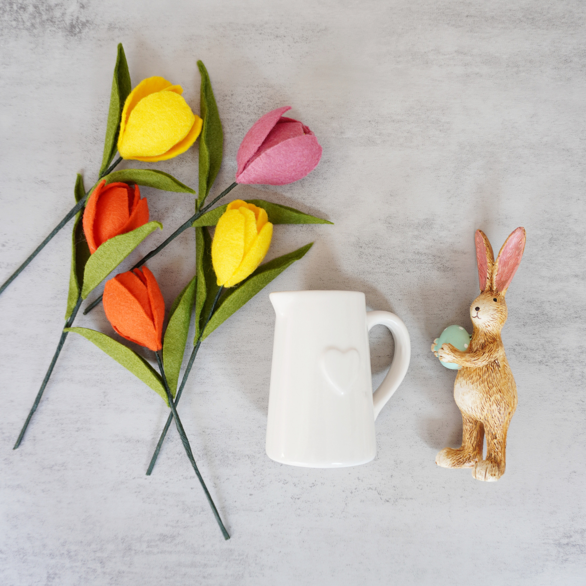 Easter Hamper felt flower Tulip bouquet with ceramic jar and a standing bunny - contains