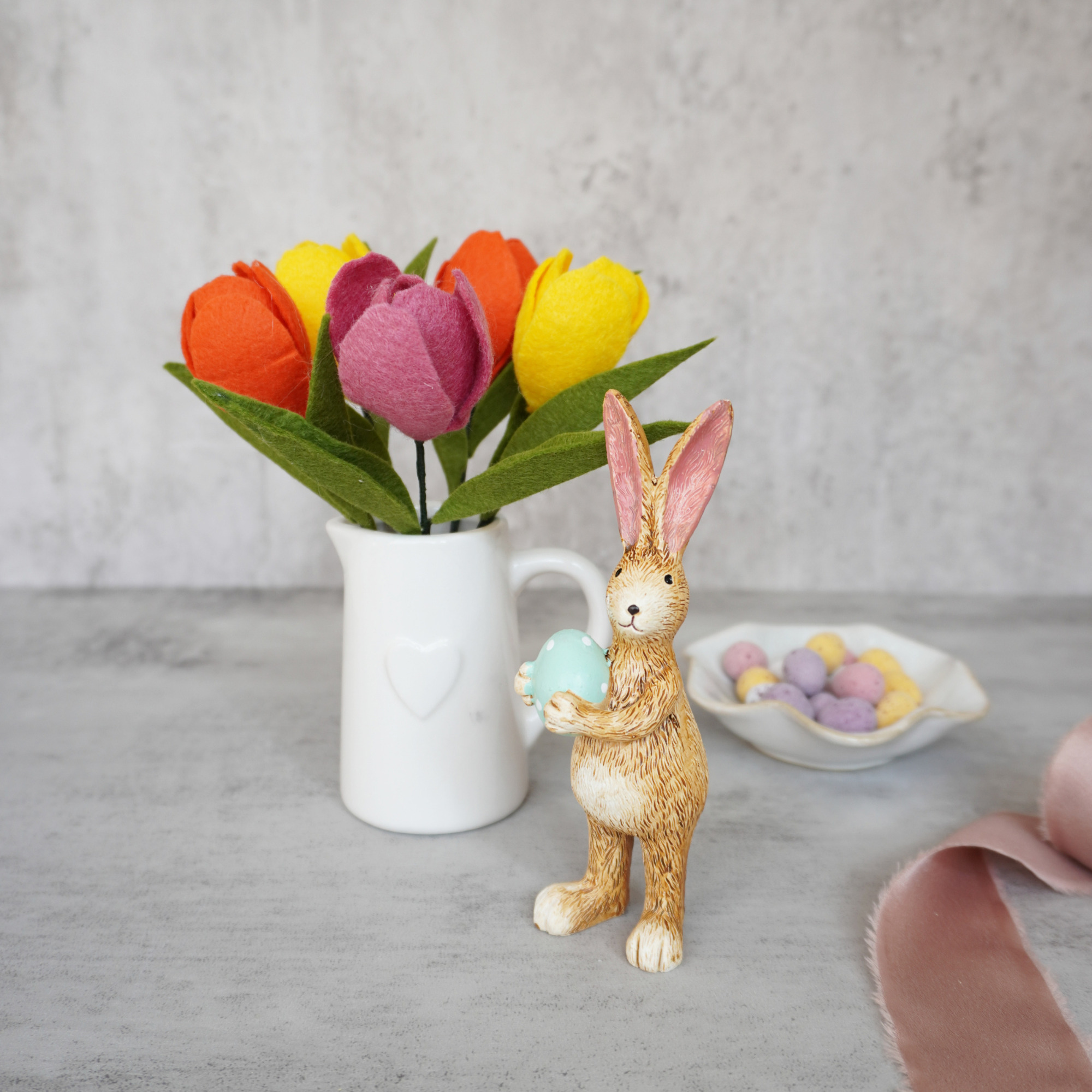 Easter Hamper felt flower Tulip bouquet with ceramic jar and a standing bunny - 3