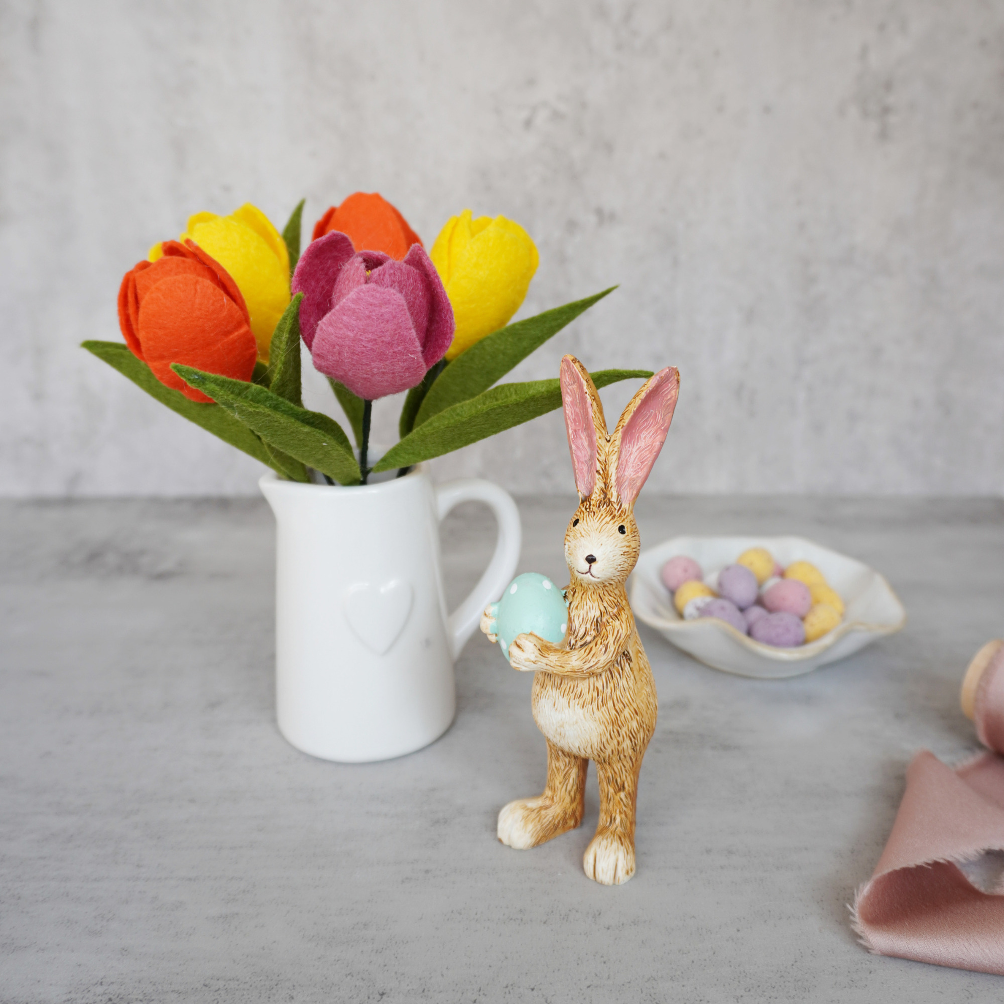 Easter Hamper felt flower Tulip bouquet with ceramic jar and a standing bunny - 6