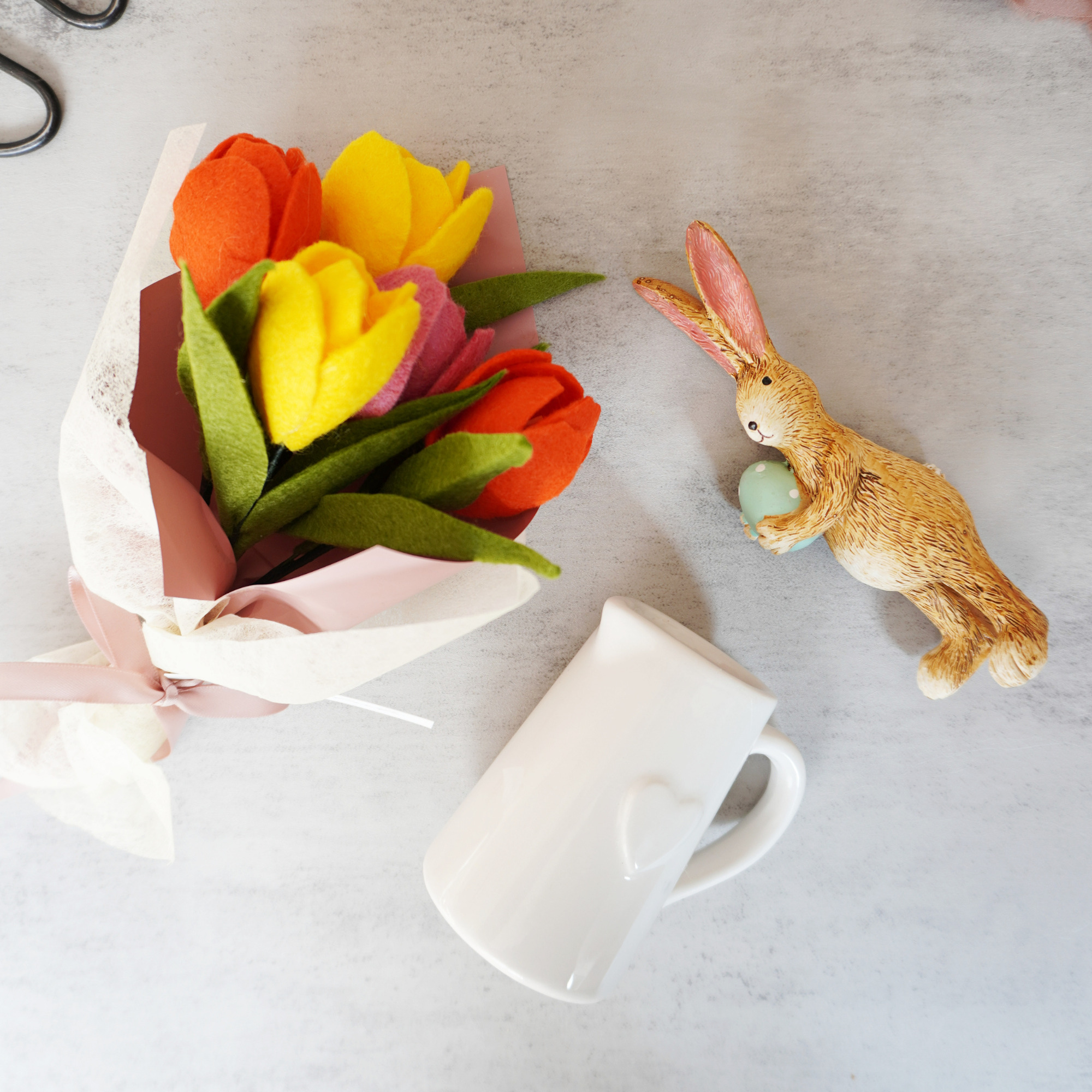 Easter Hamper felt flower Tulip bouquet with ceramic jar and a standing bunny - 7