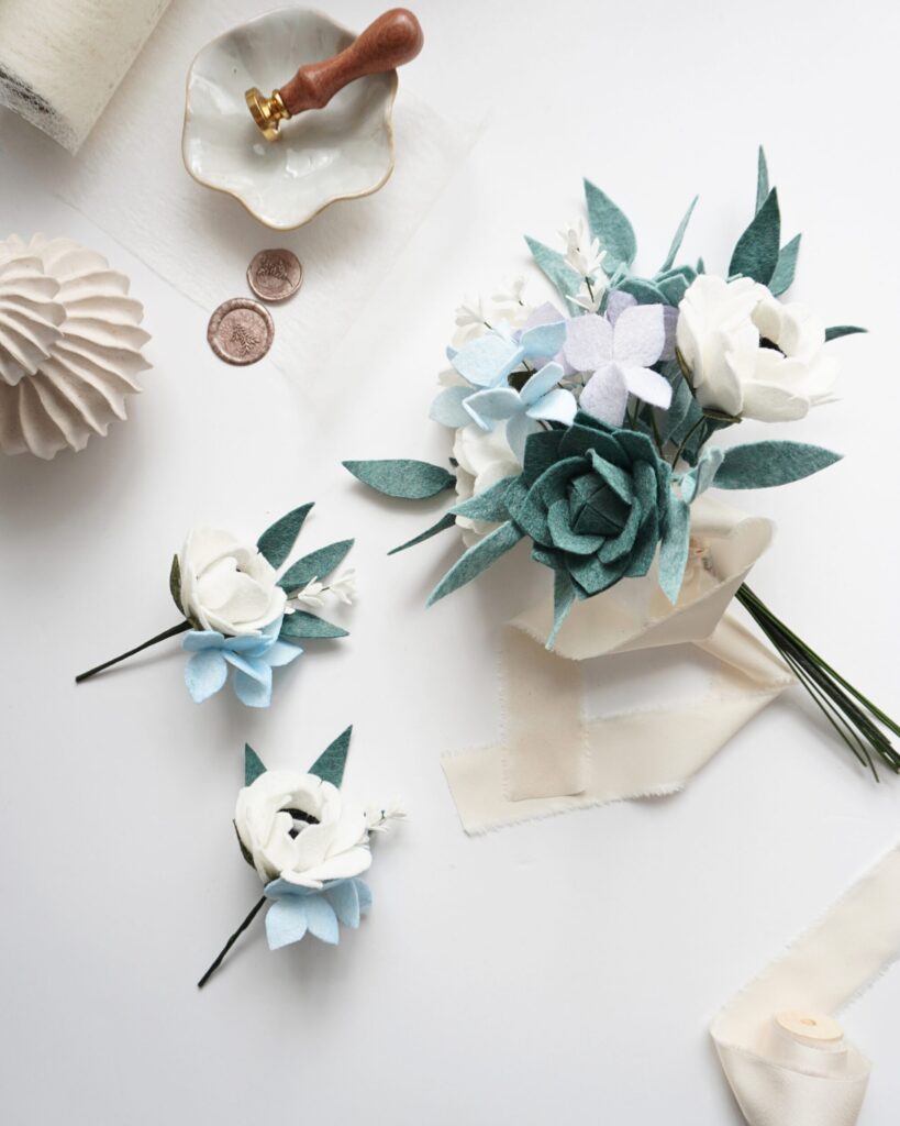 Felt flower something blue bouquet and boutonnieres, anemone, succulent, hydrangea, white lavender and eucalyptus