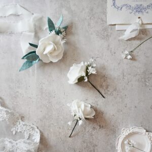 White rose babys breath corsage and boutonniere set image 7
