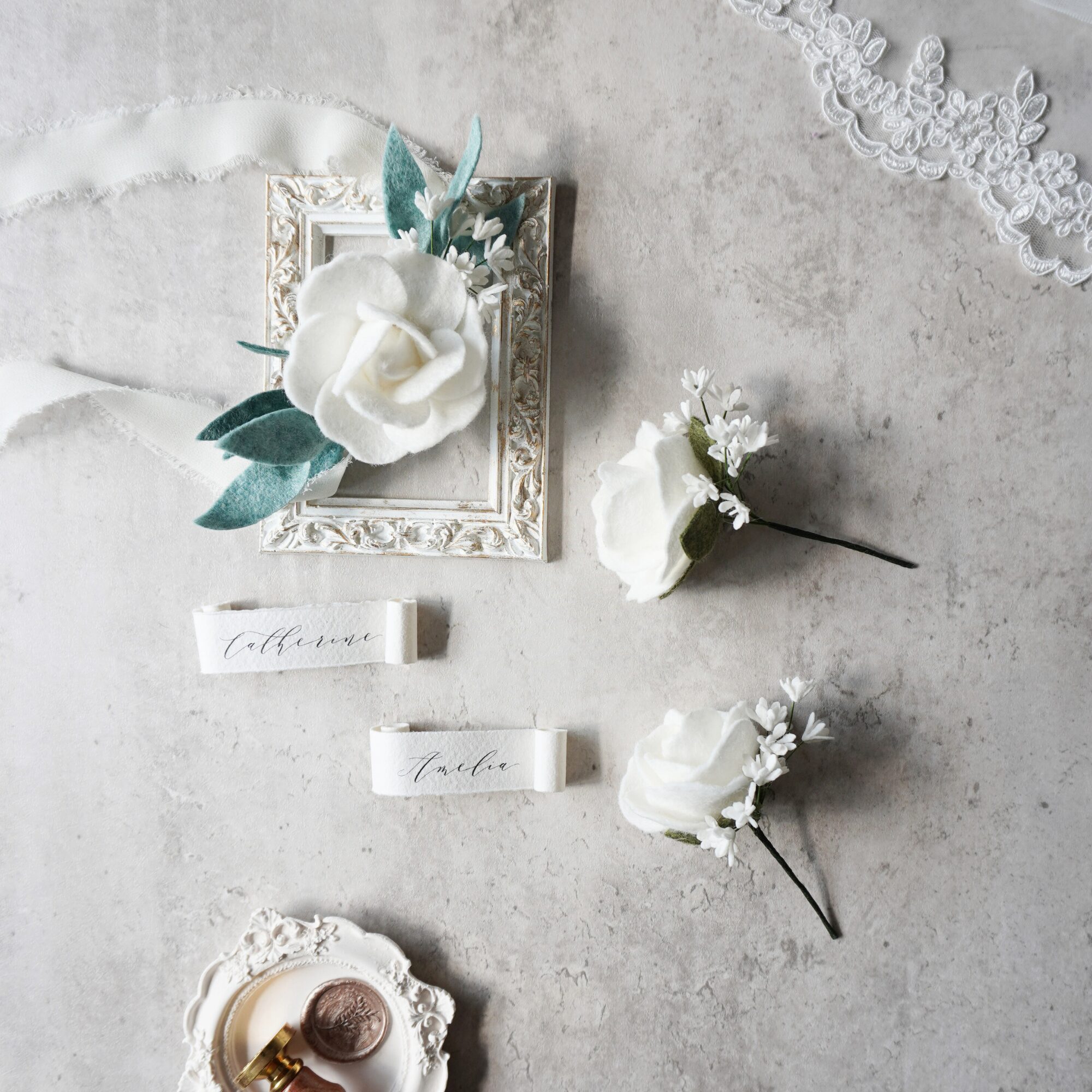 White rose babys breath corsage and boutonniere set image 1