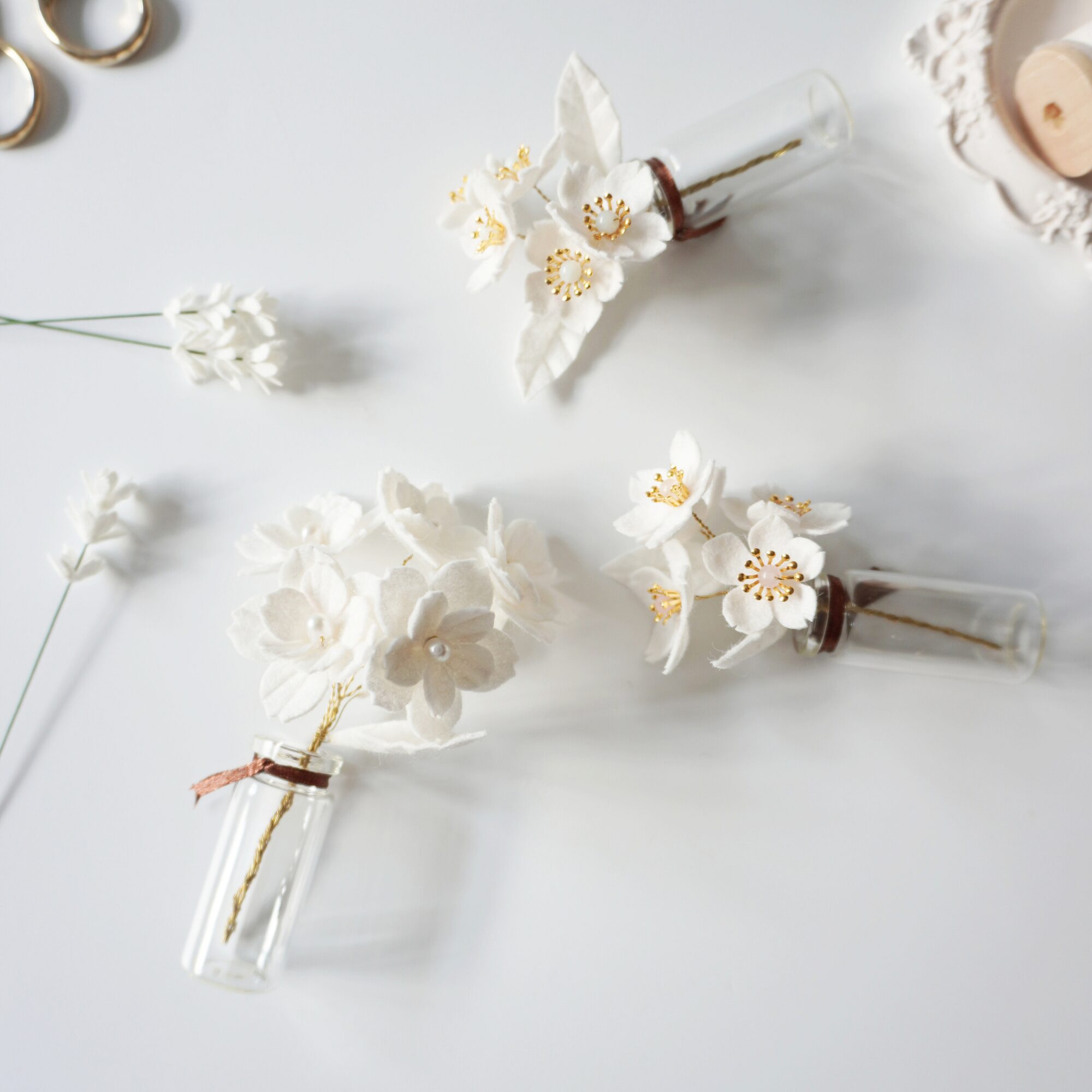 Felt cherry blossom with gemstone with tiny glass vase