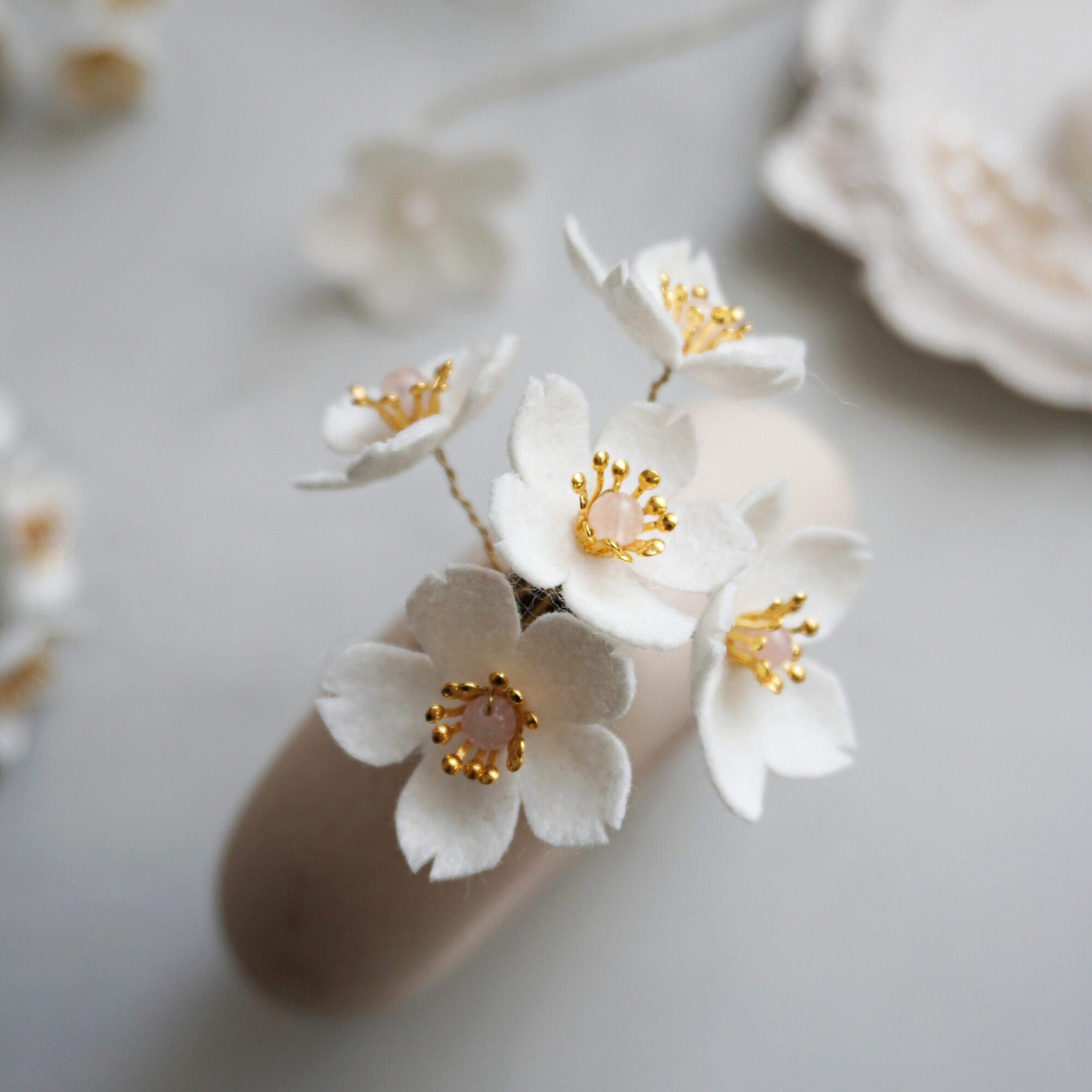 Felt cherry blossom with gemstone Rose quartz