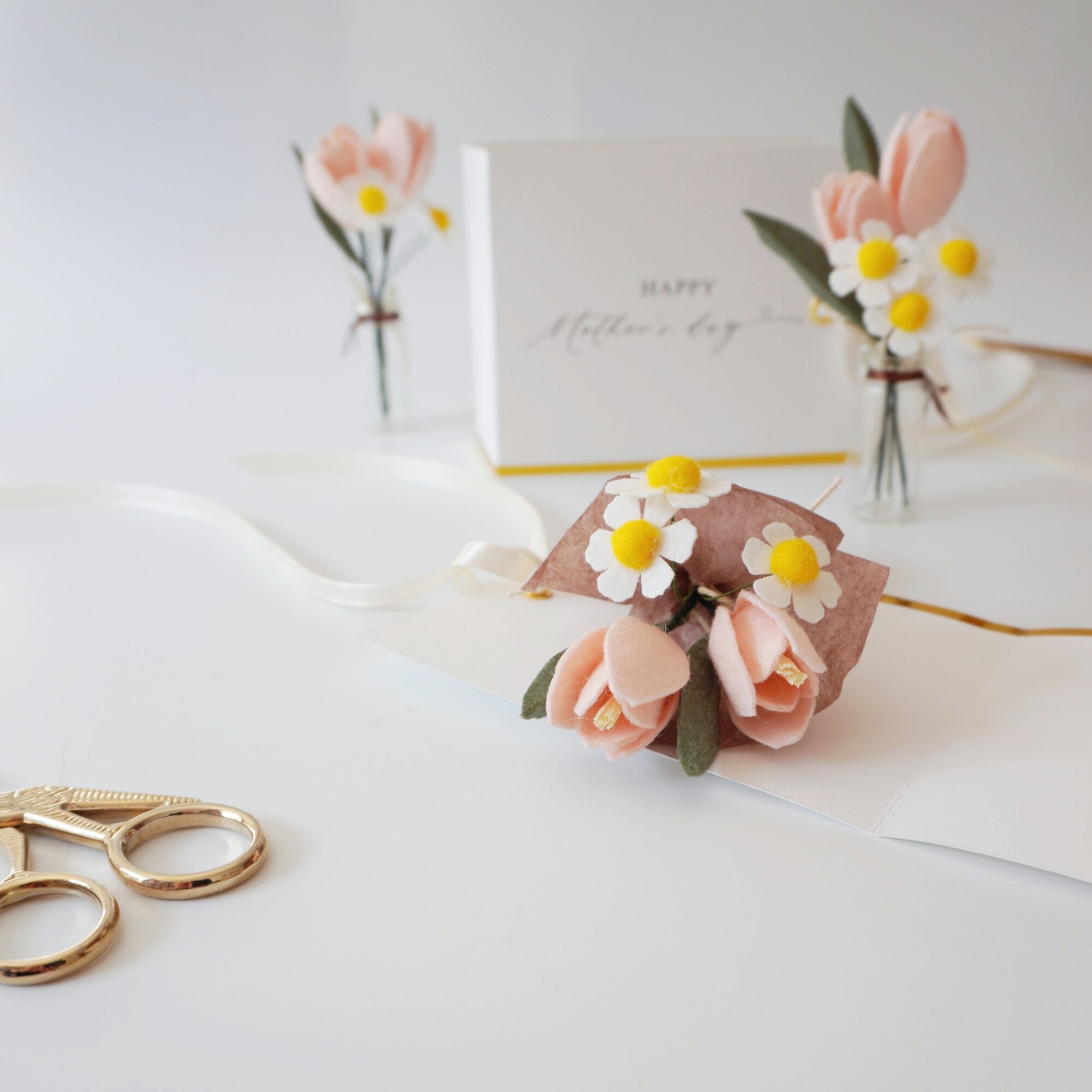 felt Super mini Tulip daisy bouquet close up