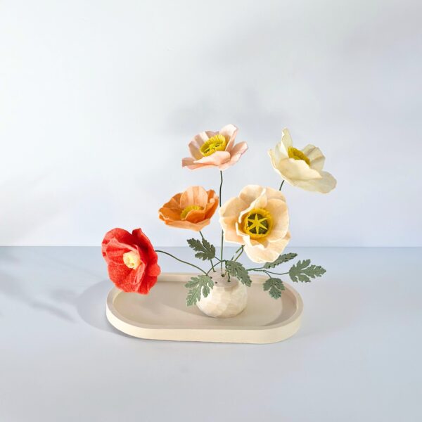 Felt Poppy Ikebana Arrangement – Mini Japandi Zen Decor in Orange & Pink | Handmade Wabi Sabi Floral Art