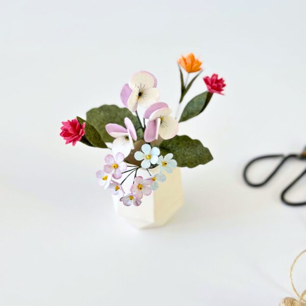 Purple Pansy Felt Bouquet in Pot | Mini Japandi Zen Decor | Handmade Floral Arrangement